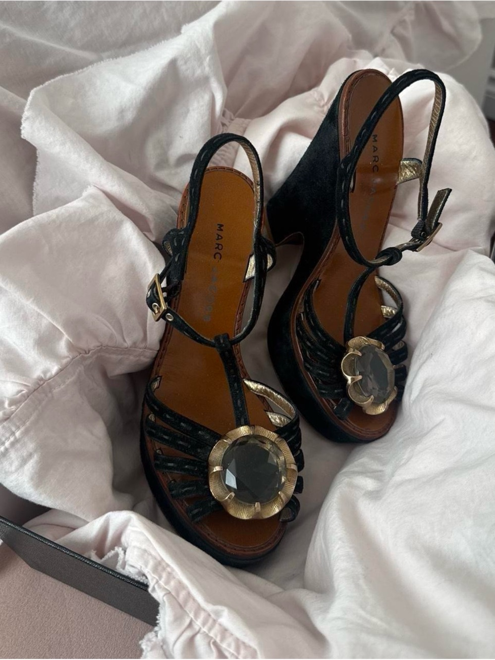 Marc Jacobs Black Slingback Wedges with Gold Accent Flower Gem